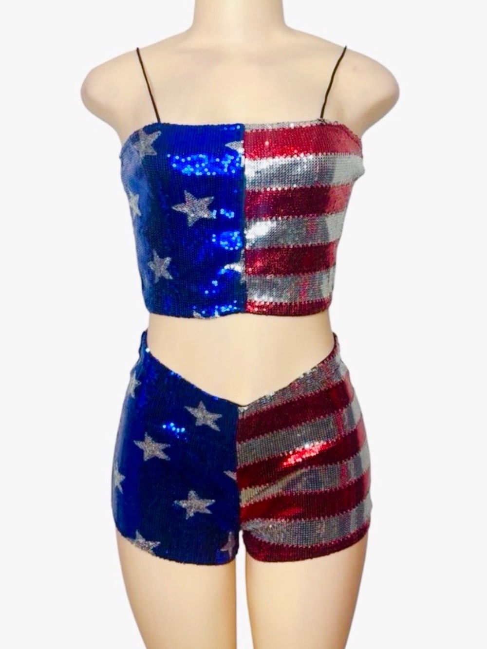 NEW 4th of July Stars and Stripes Sequin Crop Top & Shorts Set  M